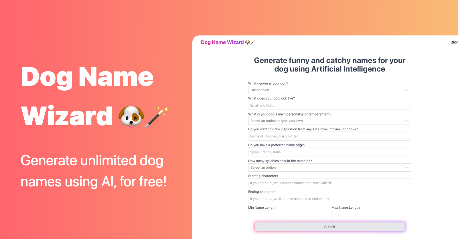 Dog Name Wizard - Generate dog names for free using AI